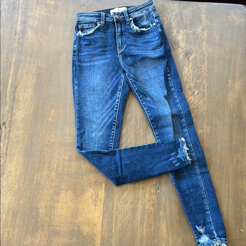 Blue Skinny Jeans with Distressed Hem